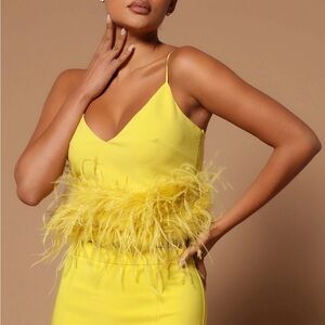 Yellow Feather Trim Cropped Tank Top